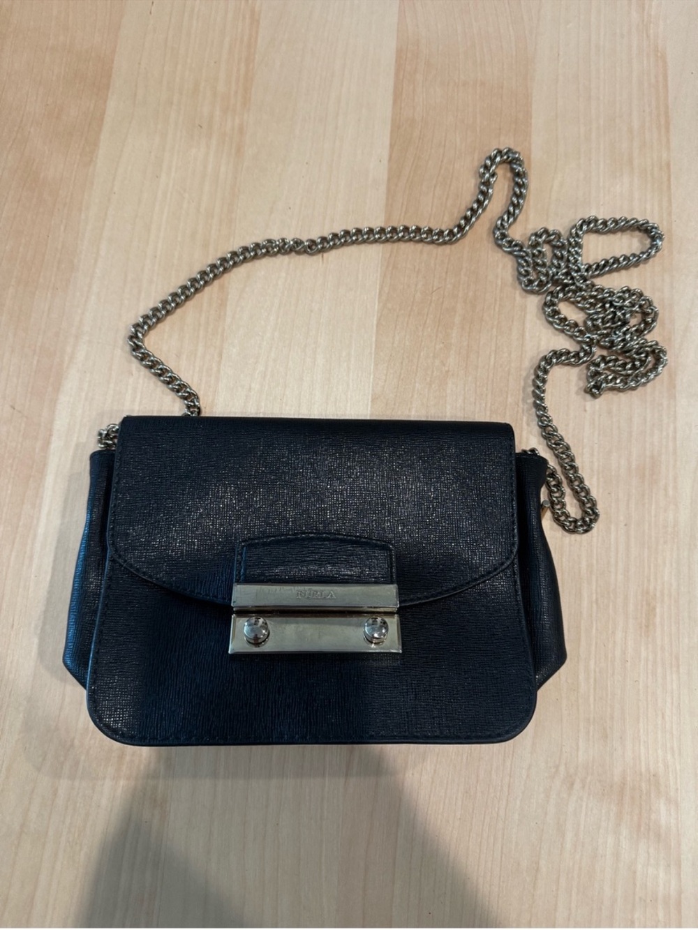 Furla Black Leather Crossbody with Silver Chain